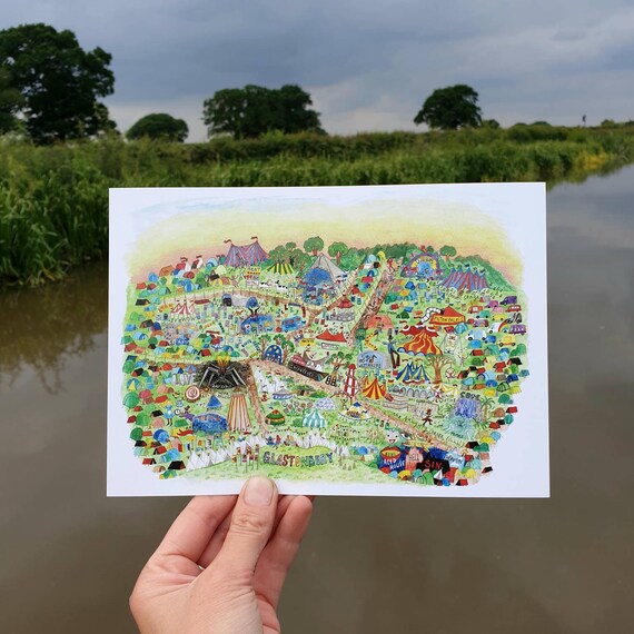 Glastonbury Festival, Illustrated Map, Postcard Art,