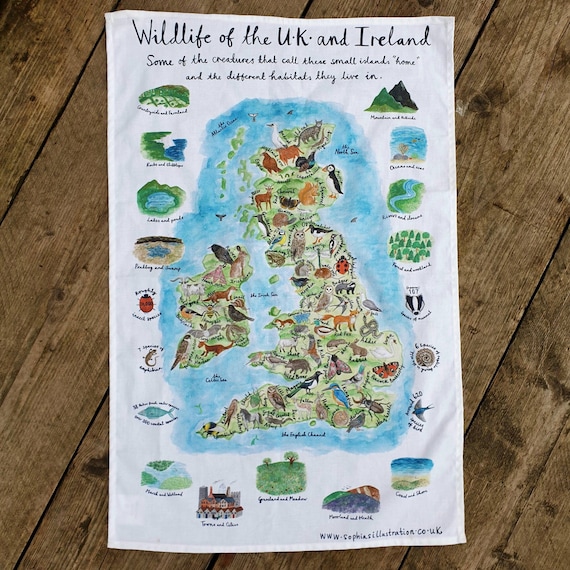 British Wildlife Tea Towel, UK Map Art, Map Tea Towel