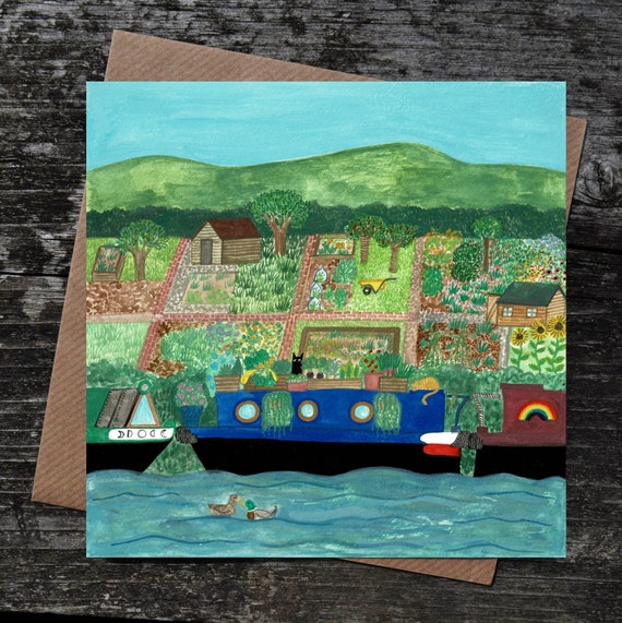 Tiny Gardens Card, Canal Art, Artist Greeting Card, Allotments, Gardener Gift
