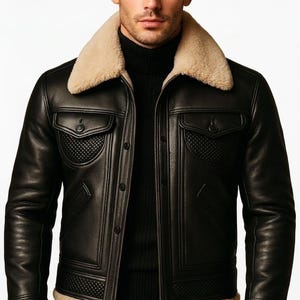 Men,s Premium Black Leather Shearling With Quilted Accents Luxury B-3 Aviator Cream Shearling Collar.