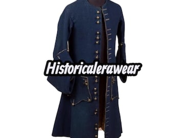 May include: A navy blue historical coat with gold buttons and trim. The long coat has a tailored fit and is buttoned up the front. The text "Historicalerawear" is displayed across the bottom of the image.