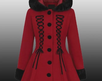 New Women Red Wool Gothic Coat | Victorian Corset, Faux Fur Hood Frock style winter Jacket