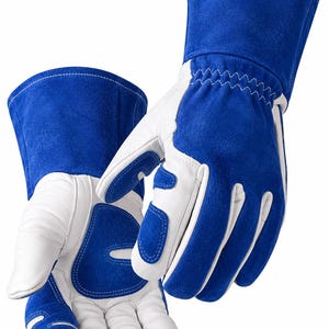 May include: A pair of blue and white work gloves featuring a long cuff design. The gloves are constructed with blue suede panels on the back and fingers, contrasted by white leather sections on the palm and finger areas, with white stitching.