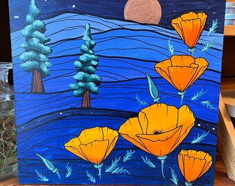 Original painting- poppy  tree mountain scape