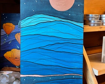 Original painting -gouache on wood- blue mountain scape