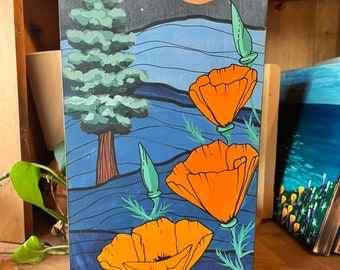 Original painting -gouache on wood- redwood, poppies and copper moon