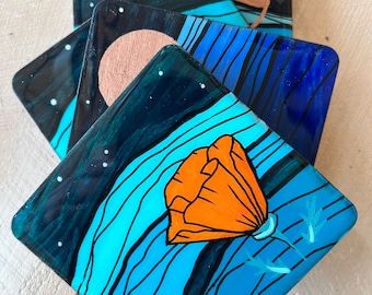 Set of four coasters, wood, resin finish, hand painted