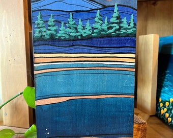 Original painting -gouache on wood- redwood and ocean scape
