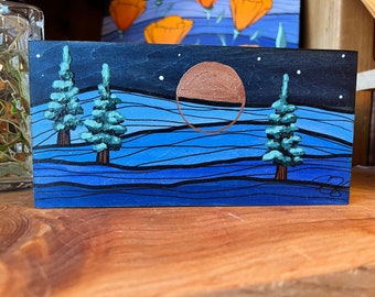 Original painting on wood- redwood trees, blue mountains