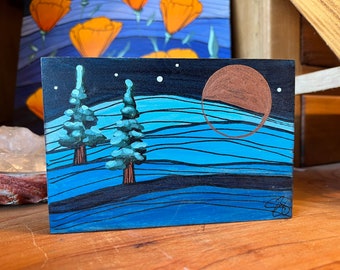 Original painting on wood- redwood trees, blue mountains