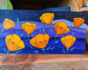 Original painting -gouache on wood- poppies with purple mountains