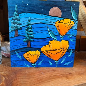 Original painting- poppy and trees mountain scape