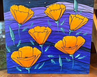 Original painting- poppies and purple mountain scape