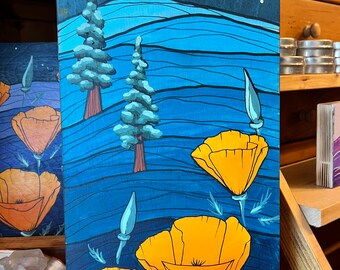 Original painting -gouache on wood- poppies and trees with blue mountains