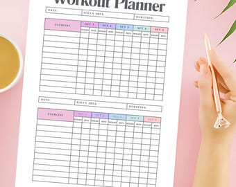 May include: A white Workout Planner sheet with a pink and purple header and exercise table. The planner includes sections for date, focus area, and duration. A hand holding a gold pen is in the image.