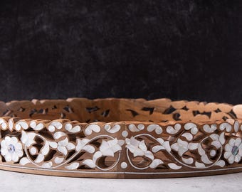 oval walnut wood tray with mother of pearl inlay