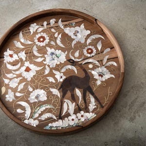round walnut wood tray with mother of pearl inlay