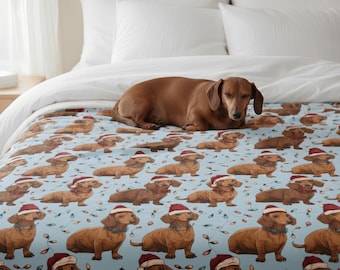 ダックスフントのクリスマスブランケット：サンタ帽子の犬用ブランケット、クリスマスライトのホリデーデコレーション、心地よいベルベットのぬいぐるみ、犬好きへのギフト