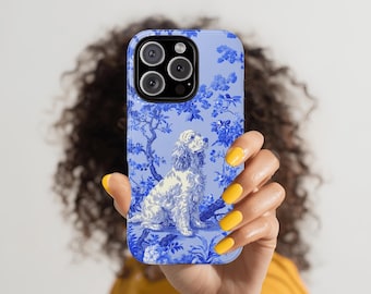 Cocker Spaniel Toile Phone Case: Blue & White Chinoiserie Art for iPhone 17, Samsung S25, Pixel 9