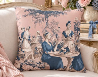 Pink and Blue Toile Pillow Cover, French Garden Cafe Pillowcase, Coquette Grand Millennial Decor