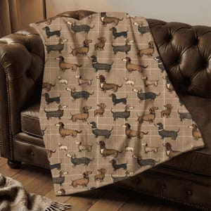 Manta a cuadros para perro salchicha, tela con aspecto de cuadros marrones, regalos para perros salchicha, manta a cuadros para perro salchicha, regalo para mamá perruna