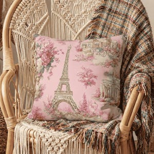 Pink Paris Toile Pillow Cover: Eiffel Tower French Country Cushion Cover, Shabby Chic & Coquette Decor, Paris Themed Gifts