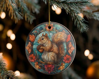 May include: A round Christmas ornament featuring a squirrel holding an acorn, surrounded by flowers and leaves. The ornament has a stained-glass style design with a gold hanging string. The background is a blurred Christmas tree.