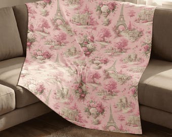 Rosa toilefilt: Vintage Eiffeltornspläd, kokett parisiskt sängkläder, fransk lantlig blommig present, Parisälskare