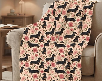 Dachshund Floral Blanket: Vintage Dog Print Throw, Cottagecore Decor, Cozy Velveteen Plush, Weiner Dog Gift