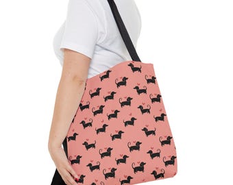 Pink Dachshund Tote Bag: Black Weiner Dog Pattern Shoulder Bag, Cute Preppy Doxie Mom Gift
