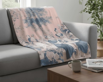 Pink Toile Throw Blanket: Vintage Blue Scenic Print, French Country Floral, Romantic Cottagecore Decor, Cozy Velveteen Plush