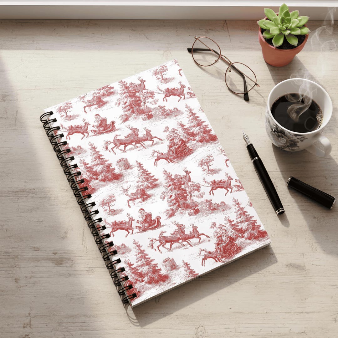 Christmas Toile Spiral Notebook: Red Santa & Reindeer Journal, 6x8 ...