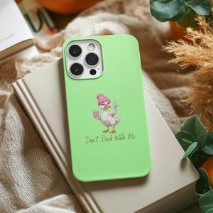 Silly Duck Phone Case: Pink Beanie, Green Background