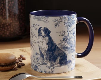 Blå Toile Berner Sennenhundmugg: Keramisk vintage fransk lantlig blommig kaffekopp