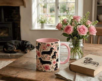 Tasse décorative florale teckel : tasse à café chien saucisse, cadeau pour maman chien saucisse, cadeau botanique pour amoureux des animaux de compagnie, tasse à thé en céramique avec anse colorée