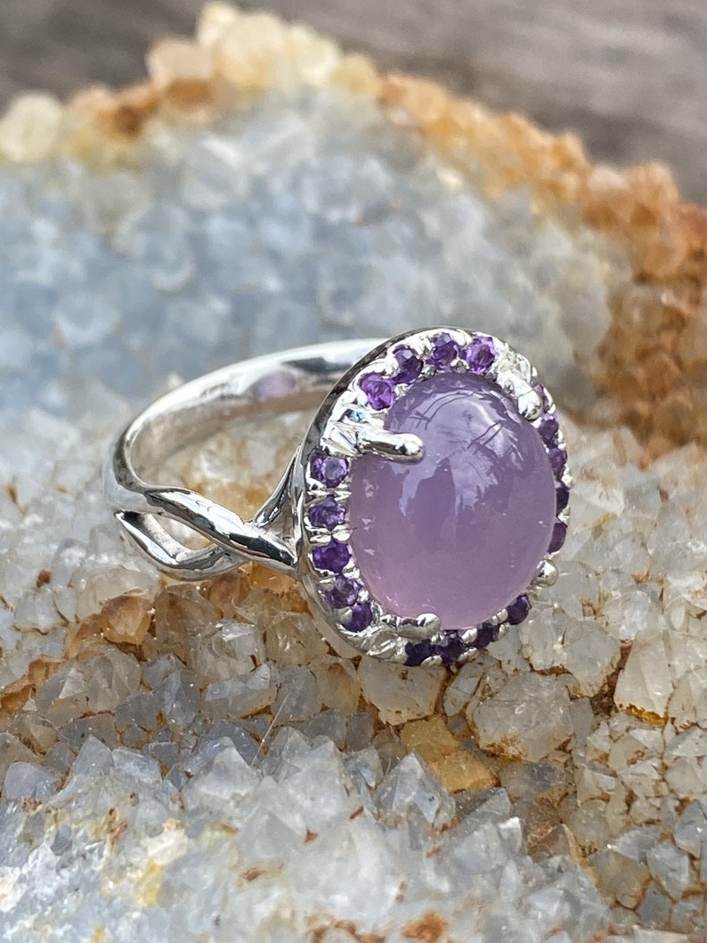 Holley blue and amethyst sterling silver halo ring,