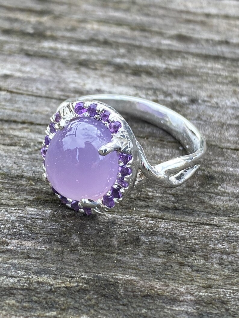 Holley blue and amethyst sterling silver halo ring,