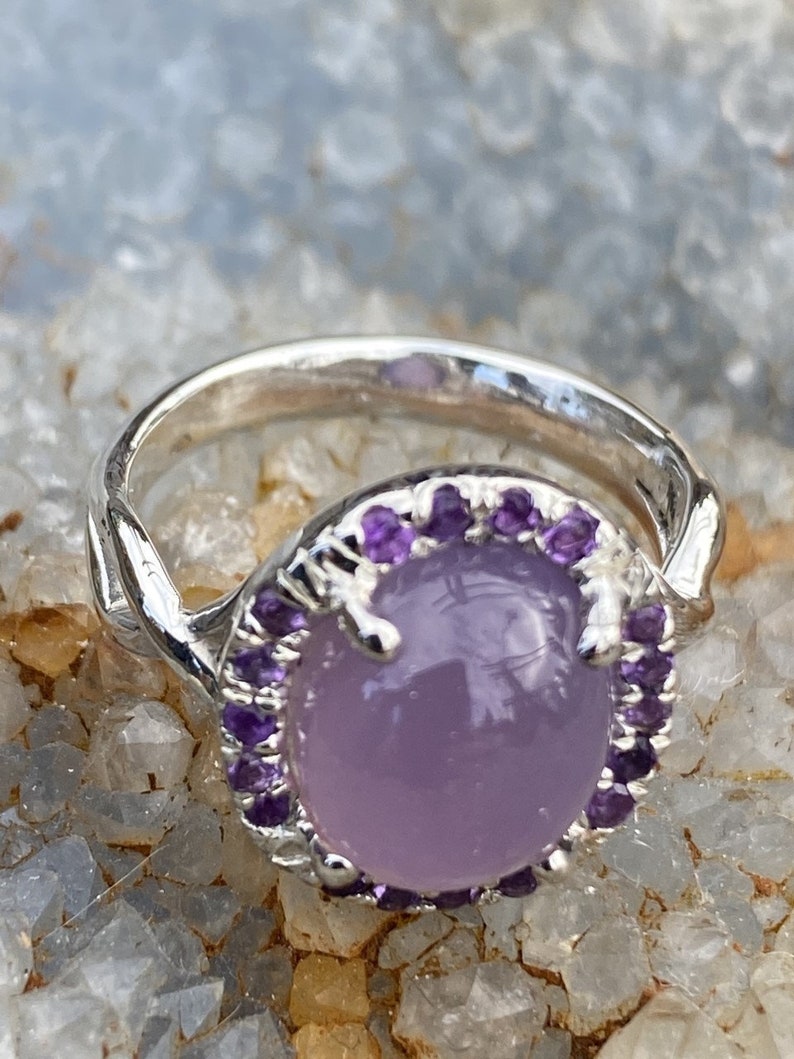 Holley blue and amethyst sterling silver halo ring,
