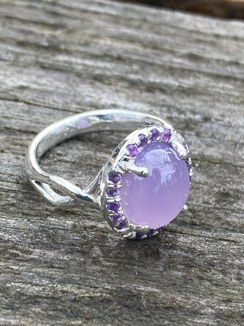 Holley blue and amethyst sterling silver halo ring,