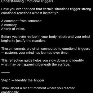 Peut inclure: Image en noir et blanc avec du texte d'une "Carte des déclencheurs émotionnels" et d'un "Guide de réflexion". Le guide traite des déclencheurs émotionnels, des réactions et de leur identification. Il comprend des questions pour identifier les déclencheurs.