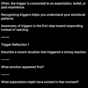 May include: A black and white guide titled "Trigger Awareness Reflection Guide" with text about emotional triggers and self-reflection. It includes questions to help understand emotional responses and patterns.