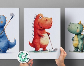 Dinosaur Golf Art Print | Watercolor Dino Nursery Decor (Digital Download)