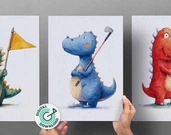 Dinosaur Golf Art Print | Watercolor Dino Nursery Decor (Digital Download)