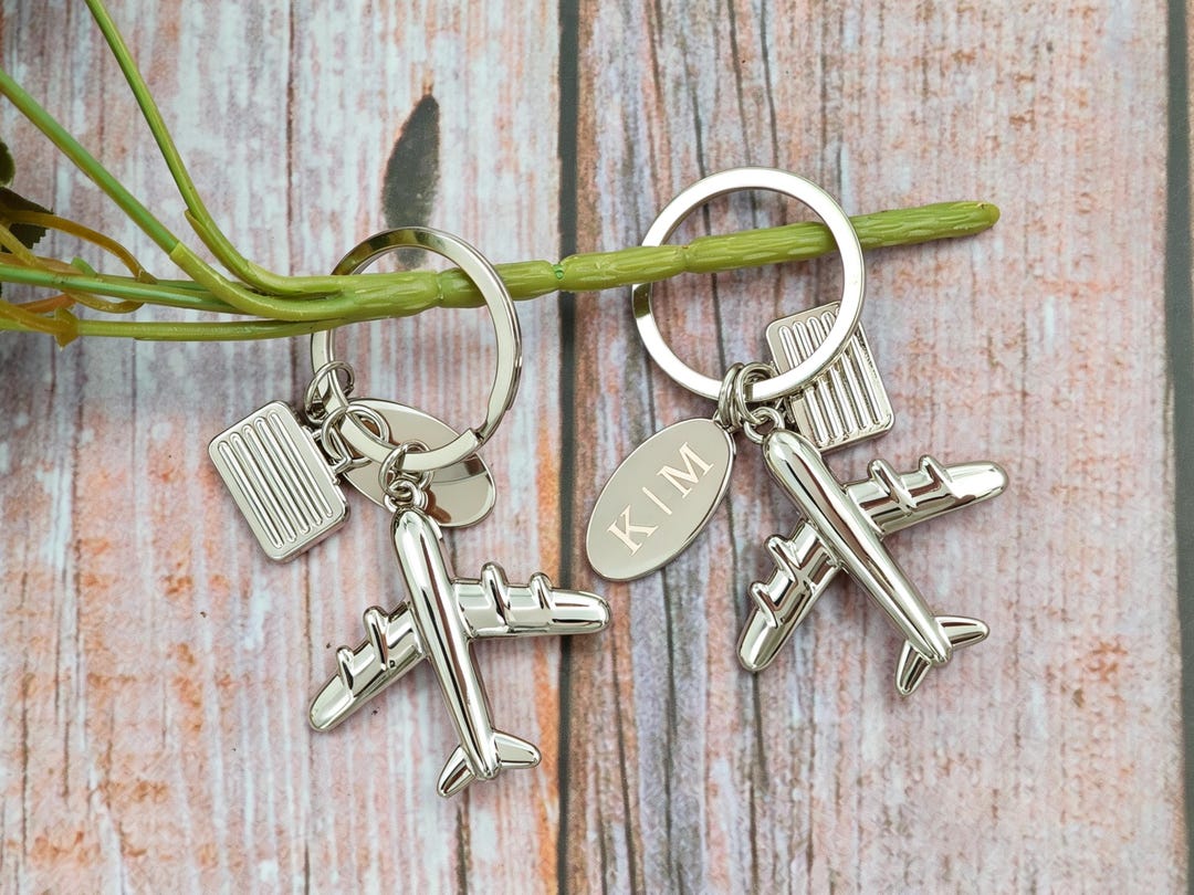 Personalized Airplane & Suitcase Keychain Custom Engraved Metal Travel ...