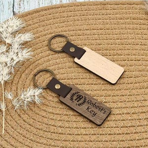 Personalized engraved wooden keychain with leather accents, custom anniversary gift,husband gift, wood and leather keychain, custom keychain