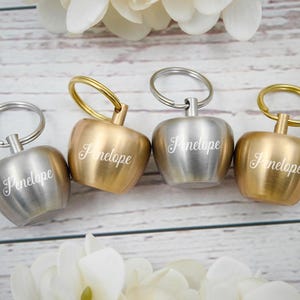 Puede incluir: Cuatro llaveros con forma de manzana, dos plateados y dos dorados, cada uno con un anillo y el nombre "Penelope" grabado. Los llaveros están dispuestos sobre una superficie de madera clara con flores blancas.