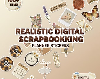 Realistic Digital Scrapbooking Digital Planner Stickers | Skeuomorphic Collage | 100 PNG Bundle | GoodNotes iPad | Vintage Junk Journal Kit