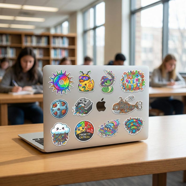 May include: A silver laptop covered in colorful stickers. The stickers feature various designs, including a rainbow sun, a duck, a snake, a cloud, and the words "PRIORITY CRITICAL". The laptop is on a wooden desk in a library.
