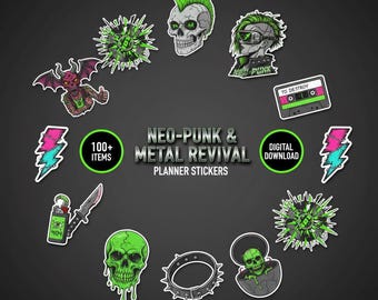 Neo-Punk & Metal Revival Digital Planner Stickers | Acid Grunge Y2K Aesthetic | 100 PNG Pre-cropped GoodNotes Sticker Book | Commercial Use