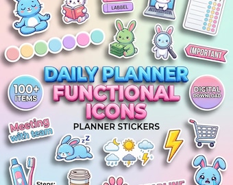 Daily planner functional icons Digital Planner Stickers | 100 Hand Drawn Doodles | GoodNotes PNG | Pre-cropped Sticker Book | iPad Planning